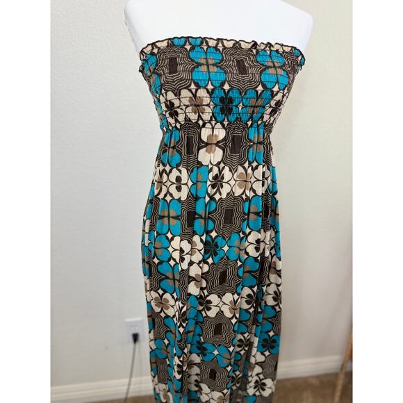Womens Brown Blue Flowered Smocked Sleeveless Maxi Dress Y2K Small - Picture 3 of 8